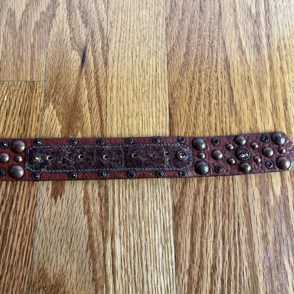 VTG‎ Leatherock USA Brown Leather Studded Rhinestone Belt  display picture 1